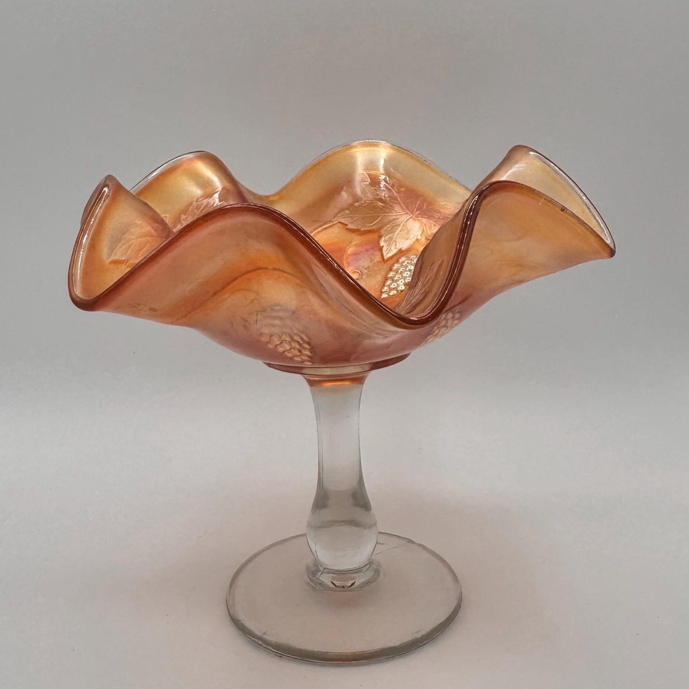 Antique Northwood Grape & Cable Pattern Marigold Carnival Glass Stemmed Compote